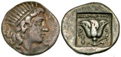 Greek Islands off Caria, Rhodos. Rhodes. Ca. 188-170 B.C. AR drachm (16 mm, 2.86 g, 11 h). ?Plinthophoric? coinage. Menodoros, magistrate. Radiate head of Helios right / Rose with bud to right; thunde