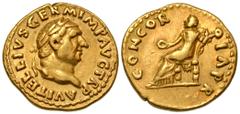 Roman Imperial Vitellius. A.D. 69. AV aureus (7.29 g). Rome mint, struck A.D. 69. A VITELLIVS GERM IMP AVG P M TR P, laureate head of Vitellius right / CONCORDIA PR, Concordia seated left, holding pat