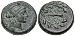 Greek Lydia, Sardes. Ca. 133 B.C.-A.D. 14 AE 15 (14.6 mm, 3.35 g, 4 h). Laureate head of Apollo right, ΣΣP behind / ΣAPΔI-ANΩN, club within oak wreath, monogram. GRPC Lydia 53. VF, black patina with b
