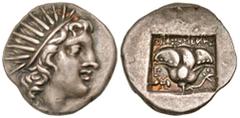 Greek Islands off Caria, Rhodos. Rhodes. Ca. 150-125 B.C. AR drachm (16.8 mm, 2.79 g, 1 h). ?Plinthophoric? coinage. Thrasymenes, magistrate. Radiate head of Helios right / P-O, ΘΡΑΣΥΜENΗΣ, rose with 