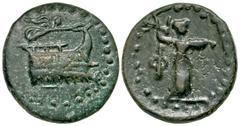 Greek Lycia, Phaselis. Ca. 190-167 B.C. AE 19 (19.1 mm, 3.84 g, 1 h). Prow of war galley right; Nike flying right above, crowning prow / Φ-A, Athena standing right, wielding thunderbolt and holding ae