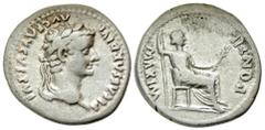 Roman Imperial Tiberius. A.D. 14-37. AR denarius (19.4 mm, 3.57 g, 3 h). Lugdunum mint, struck A.D. 15-18. TI CAESAR DIVI AVG F AVGVSTVS, laureate head of Tiberius right / PONTIF MAXIM, Livia, as Pax,
