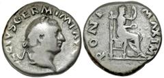Roman Imperial Vitellius. A.D. 69. AR denarius (17.0 mm, 3.03 g, 7 h). Rome mint, struck late April-20 December A.D. 69. A VITELLIVS GERM IMP AVG TR P, laureate head of Vitellius right / PONT MAXIM, V