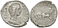 Roman Imperial Julia Domna. Augusta, A.D. 193-217. AR denarius (19.4 mm, 3.40 g, 7 h). Rome mint, struck A.D. 200-207. IVLIA AVGVSTA, draped bust of Julia Domna right / MATER AVGG, Julia Domna, as Cyb
