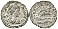 Roman Imperial Caracalla. A.D. 198-217. AR denarius (19.0 mm, 3.05 g, 11 h). Rome mint, struck A.D. 203. ANTONINVS PIVS AVG, laureate and draped bust of Caracalla right / INDVLGENTIA AVGG, IN CARTH, t
