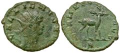 Roman Imperial Gallienus. A.D. 253-268. AE antoninianus (20.9 mm, 2.59 g, 11 h). Rome mint, struck A.D. 267-268. GALLIENVS AVG, radiate head of Gallienus right / DIANAE CONS AVG, stag walking right, X