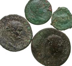 Group Lots [Roman Imperial]. Lot of four Early-Mid Roman Imperial Coins. Lot of four early-mid Roman Imperial coins. Domitian as, Nerva as, Hadrian semis, Trajan Decius semis. VG-F. All group lots are
