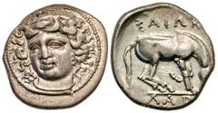 Greek Thessaly, Larissa. Ca. 365-356 B.C. AR drachm (19 mm, 5.96 g, 12 h). Head of the nymph Larissa facing slightly left / ΛAPI-ΣAIΩN, horse standing right, preparing to lie down. BCD 312; SNG Copenh