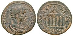 Roman Provincial Phrygia, Docimeium. Geta. As Caesar, A.D. 198-209. AE 27 (26.7 mm, 7.12 g, 1 h). Π ЄΠ ΓЄΤΑ ΚΑΙ ΑΡ, bare-headed, draped and cuirassed bust of Geta right / ΜΑΚЄΔΟΝΩΝ, hexastyle temple, 