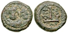 Byzantine Heraclius and Heraclius Constantine. 613-641. AE decannumium (15.4 mm, 3.60 g, 6 h). Catania mint, Struck 624/5. No legend, Facing bearded bust of Heraclius on left and Heraclius Constantine