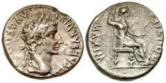 Roman Imperial "Tiberius. A.D. 14-37. AR denarius (18 mm, 3.65 g, 7 h). Lugdunum mint, struck A.D. 15-18. TI CAESAR DIVI AVG F AVGVSTVS, laureate head of Tiberius right / PONTIF MAXIM, Livia, as Pax, 