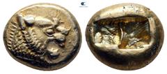 Greek Kings of Lydia. Sardeis. Time of Alyattes to Kroisos 620-539 BC. Trite - Third Stater EL 13 mm, 4,73 g Head of roaring lion right, sun with multiple rays on forehead / Two incuse square punches.