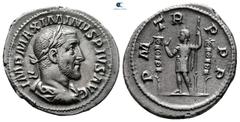 Roman Imperial Maximinus I Thrax AD 235-238. Rome Denarius AR 21 mm, 3,16 g IMP MAXIMINVS PIVS AVG, laureate, draped and cuirassed bust right / P M TR P P P, Maximinus standing left, two standards on 