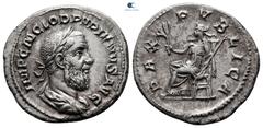 Roman Imperial Pupienus AD 238. Rome Denarius AR 20 mm, 2,92 g IMP C M CLOD PVPIENVS AVG, laureate, draped and cuirassed bust right / PAX PVBLICA, Pax seated left, holding branch and sceptre. nearly e