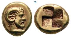 Greek Mysia. Kyzikos circa 500-450 BC. Sixth Stater or Hekte EL 11 mm, 2,65 g Head of Zeus-Ammon to right atop tunny fish / Quadripartite incuse square. very fine Cf. Von Fritze 130 (unlisted denomina