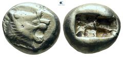 Greek Kings of Lydia. Sardeis. Time of Alyattes to Kroisos 620-539 BC. Trite - Third Stater EL 13 mm, 4,67 g Head of roaring lion right, sun with multiple rays on forehead / Two incuse square punches.