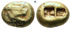 Greek Kings of Lydia. Sardeis. Time of Alyattes to Kroisos 620-539 BC. Trite - Third Stater EL 13 mm, 4,73 g Head of roaring lion right, sun with multiple rays on forehead / Two incuse square punches.