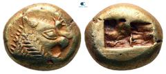 Greek Kings of Lydia. Sardeis. Time of Alyattes to Kroisos 620-539 BC. Trite - Third Stater EL 13 mm, 4,73 g Head of roaring lion right, sun with multiple rays on forehead / Two incuse square punches.