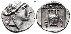Greek Lycia. Lycian League. Phaselis circa 167-81 BC. Drachm AR 15 mm, 2,03 g Laureate head of Apollo right; bow and quiver over shoulder / ΦΑΣΗΛΗ, Kithara; thunderbolt to left; torch to right; all wi