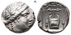 Greek Lycia. Lycian League. Phaselis circa 167-81 BC. Drachm AR 13 mm, 3,02 g Laureate head of Apollo right; bow and quiver over shoulder / ΦΑΣΗΛΗ, Kithara; thunderbolt to left; torch to right; all wi