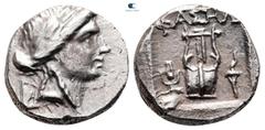 Greek Lycia. Lycian League. Phaselis circa 167-81 BC. Drachm AR 14 mm, 2,86 g Laureate head of Apollo right, with bow and quiver over shoulder / ΦAΣHΛ, kithara, Isis crown to left, torch to right; all