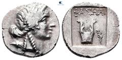 Greek Lycia. Lycian League. Phaselis circa 167-81 BC. Drachm AR 15 mm, 2,17 g Laureate head of Apollo right, with bow and quiver over shoulder / ΦΑΣΗΛI, kithara, palm branch to right; all within incus