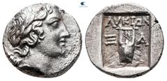 Greek Lycia. Lycian League. Xanthos circa 167-81 BC. Drachm AR 15 mm, 2,69 g Laureate head of Apollo right; bow and quiver over shoulder / ΛVKIΩΝ/ Ξ - A, Kithara; all within incuse square. very fine M