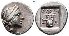 Greek Lycia. Lycian League. Xanthos circa 167-81 BC. Drachm AR 16 mm, 2,67 g Laureate head of Apollo right; bow and quiver over shoulder / ΛVKIΩΝ/ Ξ - A, Kithara; all within incuse square. very fine M