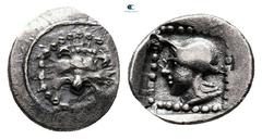 Greek Dynasts of Lycia. Uncertain mint. Uncertain Dynast 520-460 BC. Hemiobol AR 8 mm, 0,28 g Facing lion's scalp / Head of Hermes left, wearing petasos, in pelleted square border within incuse square