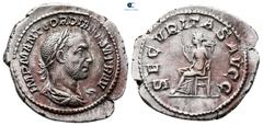 Roman Imperial Gordian I AD 238. Rome Denarius AR 23 mm, 3,04 g IMP M ANT GORDIA[NV]S AFR AV[G], laureate, draped and cuirassed bust to right / SECVRITAS AVGG, Securitas seated to left, holding short 