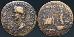 Roman Imperial Caligula AD 37-41. Rome Sestertius Æ 35 mm, 25,09 g [C CAESA]R AVG GERMANICVS PON M [TR POT], laureate head of Caligula left / Caligula standing left on platform, extending hand towards