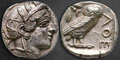 Greek Attica. Athens circa 454-404 BC. Tetradrachm AR 25 mm, 17,15 g Head of Athena right, wearing earring, necklace, and crested Attic helmet decorated with three olive leaves over visor and a spiral