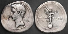 Roman Republican The Triumvirs. Octavian 30-29 BC. Uncertain mint (Rome ?) Denarius AR 22 mm, 3,33 g Bare head left / CAESAR DIVI•F, Victory standing right on globe, holding palm frond and wreath. Ver