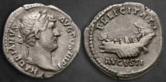 Roman Imperial Hadrian AD 117-138. Rome Denarius AR 19 mm, 3,22 g HADRIANVS AVG COS III P P, laureate head right, slight drapery on left shoulder / FELICITATI AVGVSTI, galley sailing left. Very Fine B