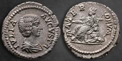 Roman Imperial Julia Domna. Augusta AD 193-217. Rome Denarius AR 19 mm, 3,07 g IVLIA AVGVSTA, draped bust to right / MATER DEVM, Cybele seated to left on throne between two lions, holding branch and s