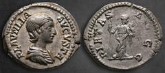 Roman Imperial Plautilla. Augusta AD 202-205. Rome Denarius AR 20 mm, 2,81 g PLAVTILLA AVGVSTA, draped bust right / PIETAS AVGG, Pietas standing right, holding sceptre and child. Very Fine RIC 367 (Ca
