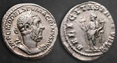 Roman Imperial Macrinus AD 217-218. Rome Denarius AR 20 mm, 3,59 g IMP C M OPEL SEV MACRINVS AVG, laureate and cuirassed bust to right / FELICITAS T[EMPO]RVM, Felicitas standing to left, holding caduc