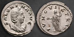 Roman Imperial Salonina AD 254-268. Struck AD 256-257. Rome Antoninianus AR 22 mm, 2,97 g SALONINA AVG, diademed and draped bust right, set on crescent / IVNO VICTRIX, Juno standing left, holding pate