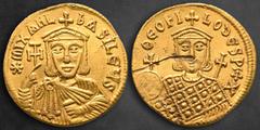 Byzantine Michael II with Theophilus AD 820-829. Constantinople Solidus AV 20 mm, 4,47 g *mIXAHL ЬASILЄЧS, crowned and draped facing bust of Michael, holding cross potent in right hand and akakia in l