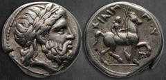 Greek Kings of Macedon. Amphipolis. Philip II of Macedon 359-336 BC. Tetradrachm AR 23 mm, 14,21 g Laureate head of Zeus right / ΦΙΛΙΠΠΟΥ; youth on horseback right, holding palm; dolphin below youth; 