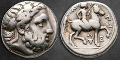 Greek Kings of Macedon. Amphipolis. Philip II of Macedon 359-336 BC. Tetradrachm AR 23 mm, 13,98 g Laureate head of Zeus right / ΦΙΛΙΠΠΟΥ; youth on horseback right, holding palm; bukranion and Λ below