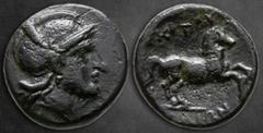 Greek Thessaly. Skotussa circa 300 BC. Bronze Æ 18 mm, 4,78 g Helmeted head of Athena right / ΣΚΟΤΟΥΣΣΑΙΩΝ, horse rearing right. Very Fine Rogers 546; BCD Thessaly I 1344; HGC 4, 615. Ex Solidus Aucti