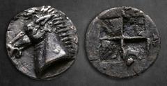 Greek Aiolis. Kyme circa 480-450 BC. Tetartemorion AR 6 mm, 0,18 g Head of horse to left / Quadripartite incuse square. Good Very Fine SNG Copenhagen -; SNG von Aulock -; Rosen -; Klein 332 var. (hemi