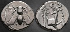 Greek Ionia. Ephesos circa 387-295 BC. ΔΑΝΑΟΣ, magistrate Tetradrachm AR 25 mm, 14,80 g Bee with straight wings; E-Φ flanking head / ΔΑΝΑΟΣ, forepart of stag right, head left; palm tree to left. Very 