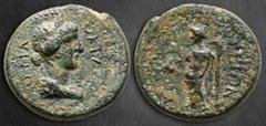 Roman Provincial Ionia. Teos. Octavia (first wife of Nero) AD 54-62. Bronze Æ 17 mm, 3,00 g ΟΚΤΑΟΥΙΑ, draped bust right, wearing stephane / ΤΗΙΩΝ, Dionysos standing left, holding cantharus and thyrsos