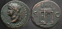 Roman Imperial Nero AD 54-68. Lugdunum (Lyon) Sestertius Æ 35 mm, 24,30 g NERO CLAVD CAESAR AVG GER P M TR P IMP P P, laureate head left / Triumphal arch surmounted by statue of emperor in quadriga ac