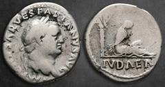 Roman Imperial Vespasian AD 69-79. "Judaea Capta" commemorative. Rome Denarius AR 18 mm, 3,34 g [I]M[P CAES]AR VESPASIANVS AVG, laureate head right / IVDAEA, trophy to right, Judaea seated right in at