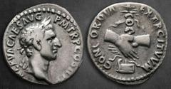Roman Imperial Nerva AD 96-98. Rome Denarius AR 18 mm, 3,56 g IMP NERVA CAES AVG P M TR P COS II P P, laureate head right / CONCORDIA EXERCITVVM, clasped hands, holding legionary eagle resting on prow