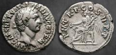 Roman Imperial Trajan AD 98-117. Rome Denarius AR 19 mm, 3,38 g IMP CAES NERVA TRAIAN AVG GERM, laureate head right / P M TR P COS II P P, Victory seated left, holding patera and palm. Very Fine RIC 1