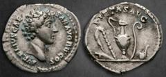 Roman Imperial Marcus Aurelius, as Caesar AD 139-161. Rome Denarius AR 18 mm, 3,00 g AVRELIVS CAE-SAR AVG PII F COS, bare head right / PIETAS AVG, knife, sprinkler, ewer, lituus and simpulum. Very Fin